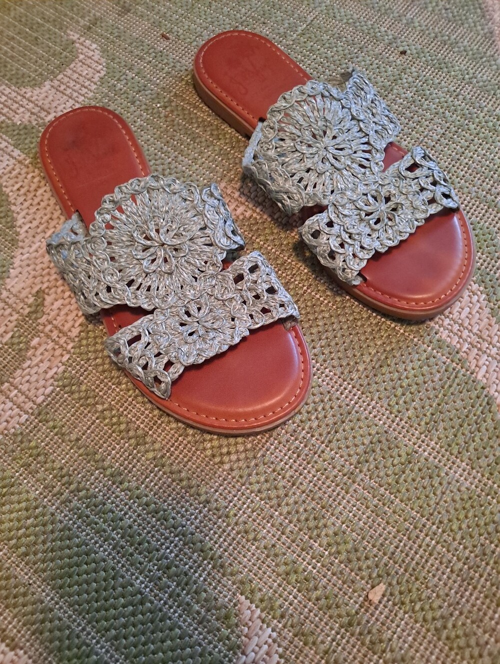 Jelly Pop Woven Floral Slide Sandals - Tan Leather with Green Crochet